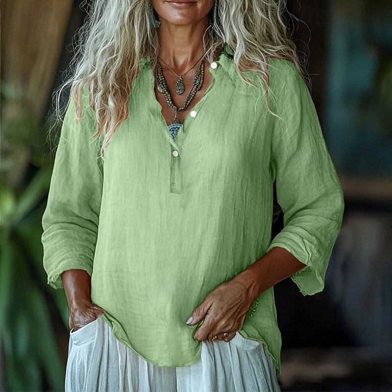 Women's Shirt Blouse Plain Modern Casual Long Sleeve V Neck Regular Tops Daily Holiday Buttons White Pink Purple Green Fall2