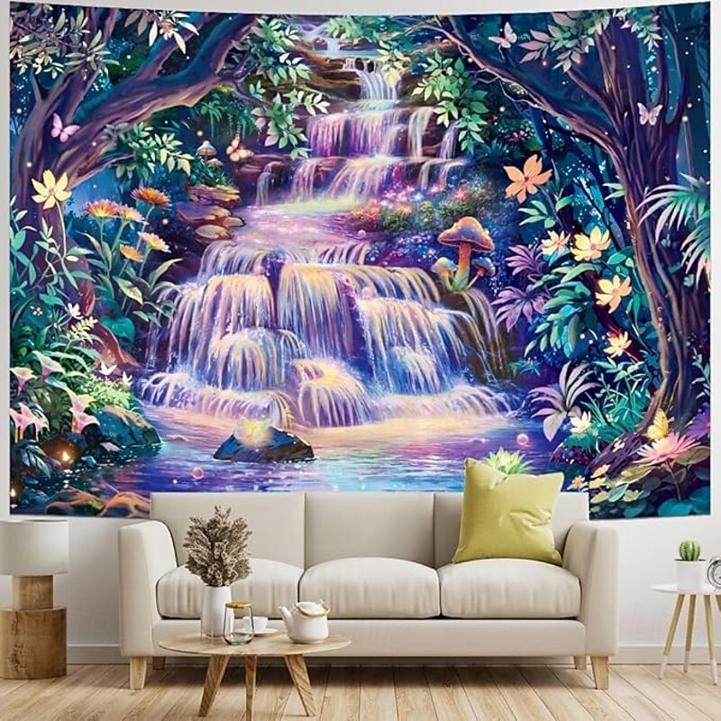 Trippy Waterfall Forest Tapestry – Glow in the Dark Psychedelic Wall Hanging for Bedroom or Dorm Decor3