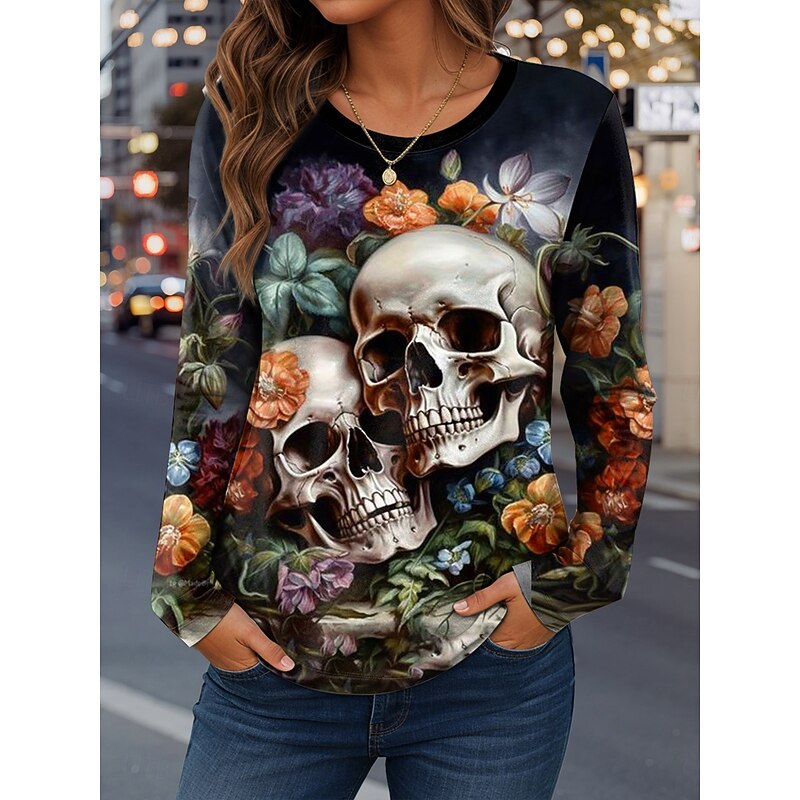 Halloween Women's T Shirt Skulls Graphic Vintage Fashion Casual Long Sleeve Crew Neck Regular Tops Daily Weekend Print Pink Red Blue Gray Spring Fall4