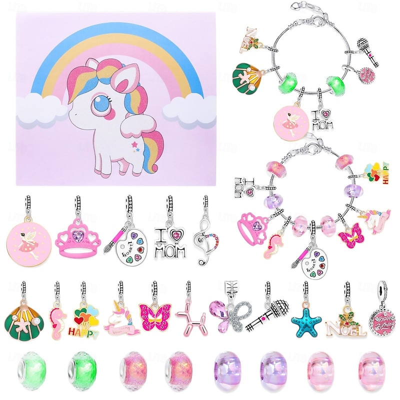 Christmas Advent Calendar Unicorn Bracelets 2025 for Girls, 24 Days Pink DIY Jewelry Making Kit with 22 Charm Beads and 2 Adjustable Bracelets, Xmas Countdown Gift for Kids Teens Women