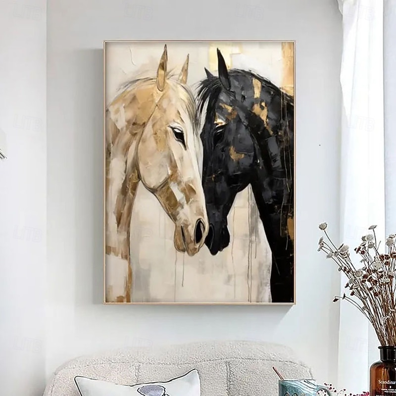 Handmade 3D Oil Painting Two Horses Portrait with Vibrant Gold Black Cream Tones Detailed Brushstrokes Layered Texture Rich Artistic Expression Modern Home Decor4