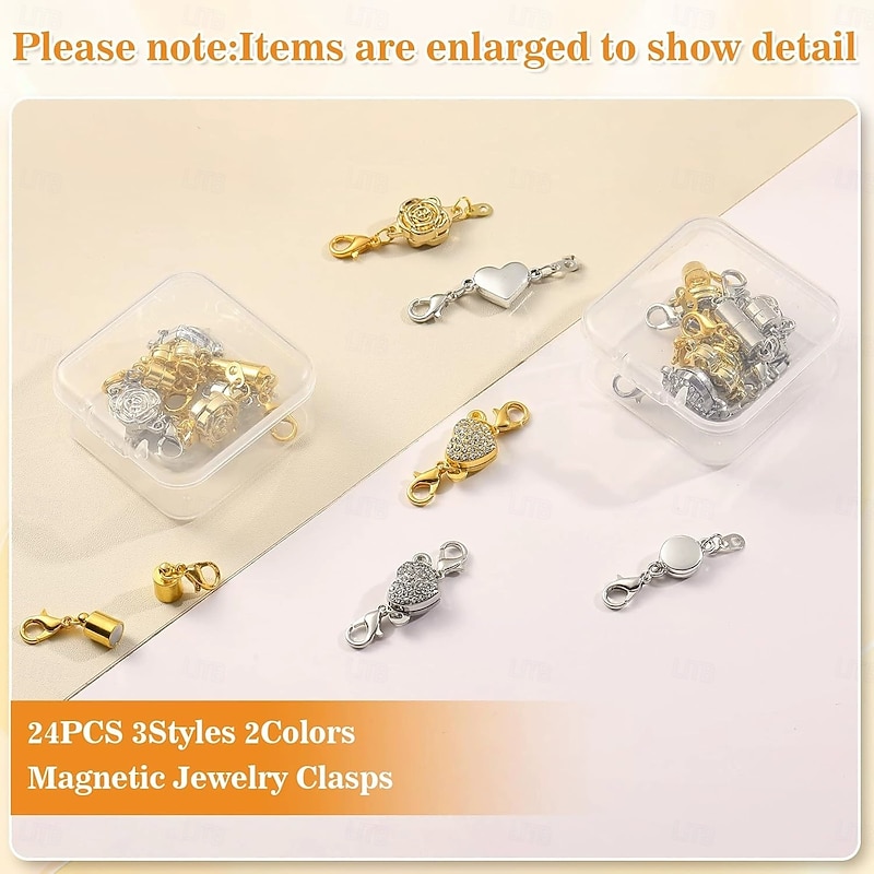 24 Pcs  Magnetic Necklace Clasps and Closures 6 Styles, Round, Cylindrical, Tubular Jewelry Magnetic Clasp Connector Locking Magnetic Clasp Bracelet Extender for Jewelry Making4