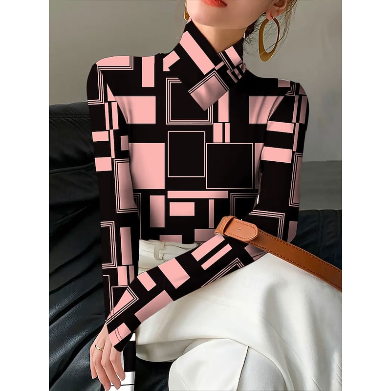 Women's T Shirt Graphic Geometric Elegant Vintage Stylish Long Sleeve High Neck Asymmetric Neck Regular Tops Daily Print Tiered Black Pink Blue Purple Green Spring Fall Winter4