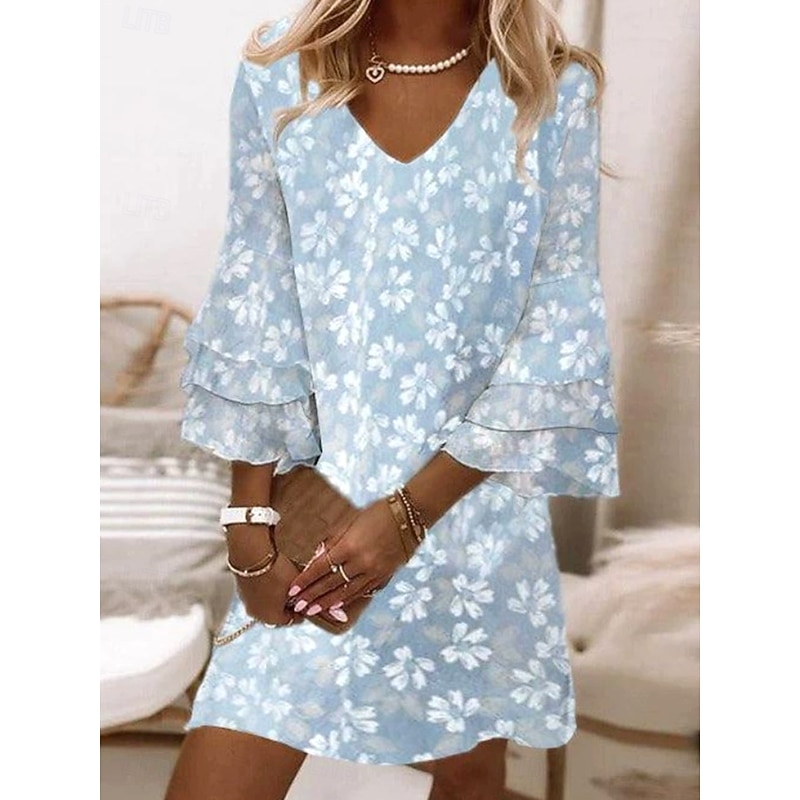 Women's Mini Dress Sundress A Line Dress Bohemia Vacation Casual Party Regular Fit Floral Graphic Abstract 3/4 Length Sleeve V Neck Pink Purple Light Blue Spring Fall2
