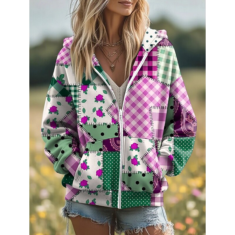 Women's 3D Print Vintage Boho Hoodie Patchwork Hoodie Sweatshirt Floral Zip Up Casual Long Sleeve Hooded Street Dailywear Patchwork Zipper Pocket Yellow Pink Purple Dark Blue Light Blue Spring Fall3