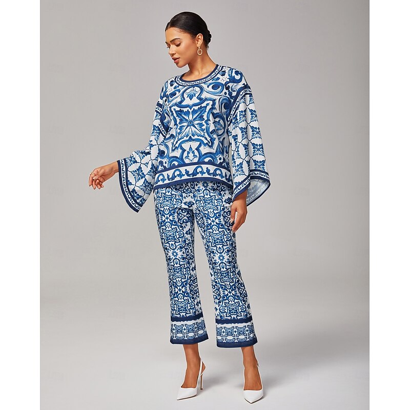 Women's Blue and White Porcelain Print Flare Pants Stretch Fabric Placement Print Elegant Stylish Casual Daily Fall3