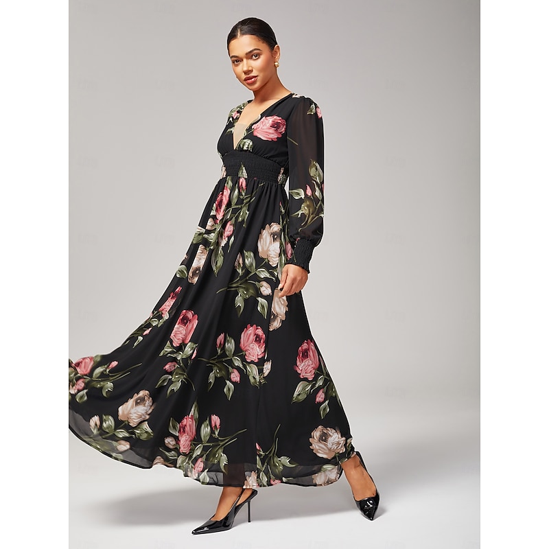 Women's Chiffon Dress A Line Dress Hem Maxi Long Dress Maxi Dress Black Long Sleeve Floral flowers and plants Plants Pattern Ruched Print Summer Spring Spring and Summer V Neck Elegant A Line beach3