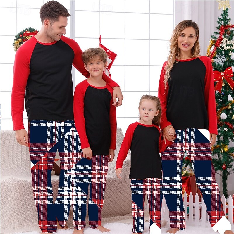 Family Pajamas Christmas Pattern Home Print Black White Light Red Long Sleeve Adorable Matching Outfits3