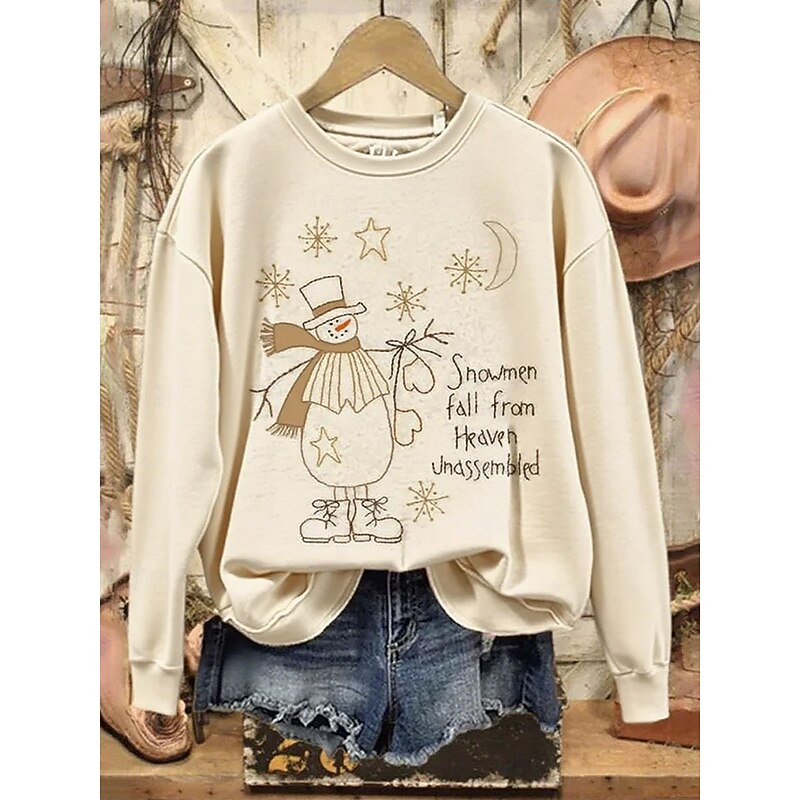 Women's Pullover Graphic Snowman Casual Long Sleeve Crew Neck Regular Tops Street Dailywear Casual Print White Red Green Beige Fall Winter3