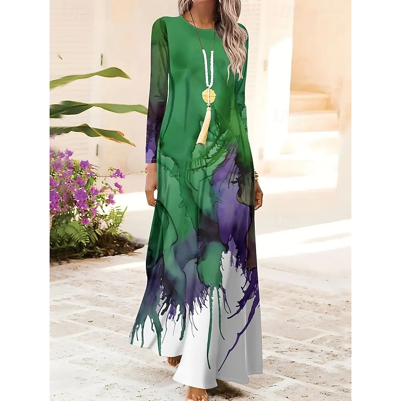 Women's Maxi Dress Shift Dress A Line Dress Party Casual Boho Daily Date Going out Regular Fit Ombre Graphic Tie Dye Long Sleeve Crew Neck Red Blue Orange Green Spring Fall Winter Autumn