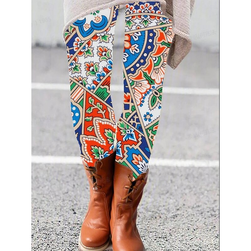 Women's Pants Trousers Leggings Cozy Leggings Vacation Vintage Full Length High Waist Floral Geometry Elastic Waist Print Breathability Comfortable Stretchy Vacation Street Daily Wear Red Blue Green3