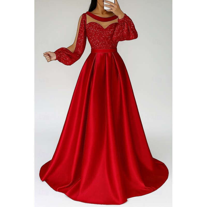 Black Red Sequined A-Line Evening Gown Elegant Dress Formal Wedding Floor Length Long Sleeve Illusion Neck Champagne Mother Of the Bride Dress Satin with Glitter Pleats 20254