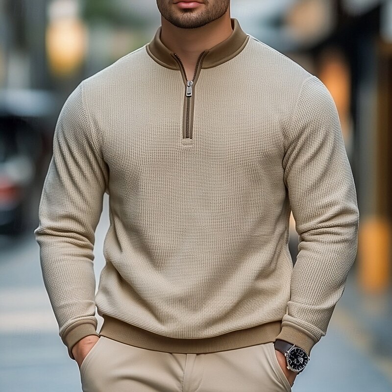 Men's Waffle T-shirt T Shirt Long Sleeve Stand Collar All Seasons Color Block Traditional / Vintage Casual Zip Up Outdoor Home Sports & Outdoor Khaki Top Tee for Men