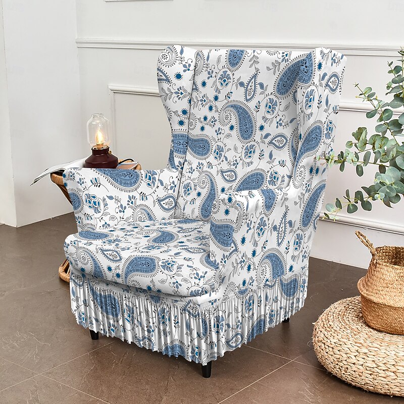 Wingback Chair Slipcovers - Floral/Striped/Geometric Print Stretch Polyester Covers | Anti-Slip Furniture Protectors for Living Room, Dining Chairs (Fits Most Styles)3