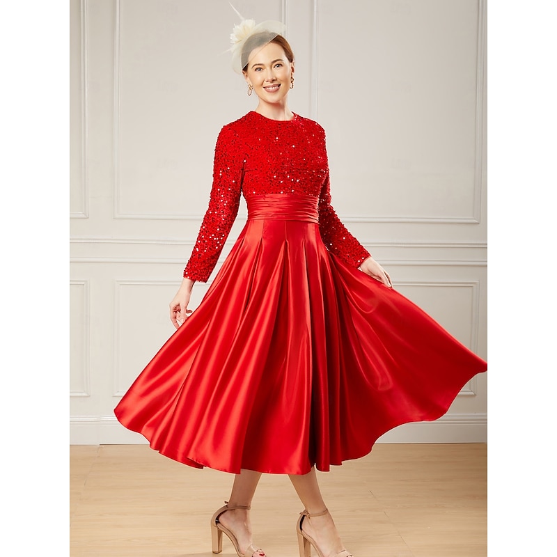 A-Line Sequin Cocktail Dresses Elegant Dress Wedding Guest Tea Length Long Sleeve Jewel Neck Satin with Pleats Dresses3