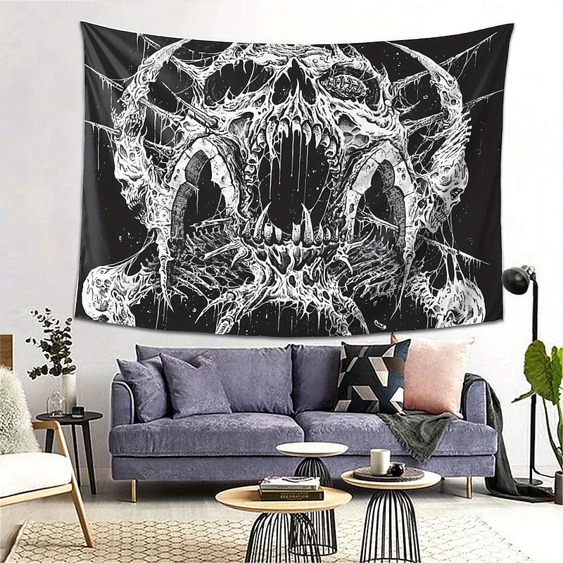 Gothic Skull Horror Tapestry – Black and White Skeleton Wall Hanging for Bedroom, Living Room, Dorm Decor