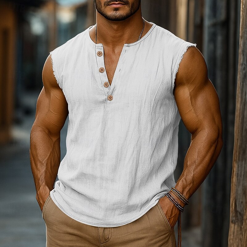 Men's Cotton Linen Shirt Henley Shirt Vest Top Sleeveless Henley Summer Plain Fashion Designer Bohemian Buttons Vacation Casual Going out Light Blue Black White Top Tee for Men