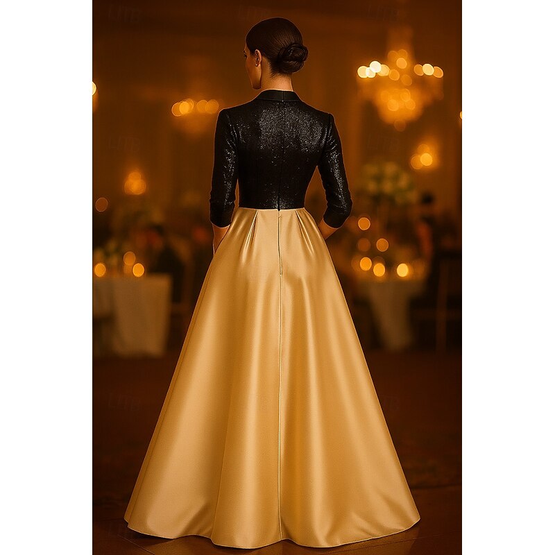 Tuxedo Dress A-Line Formal Wedding Guest Kentucky Derby Satin Elegant Celebrity Style 3/4 Sleeve Pleated Floor Length3