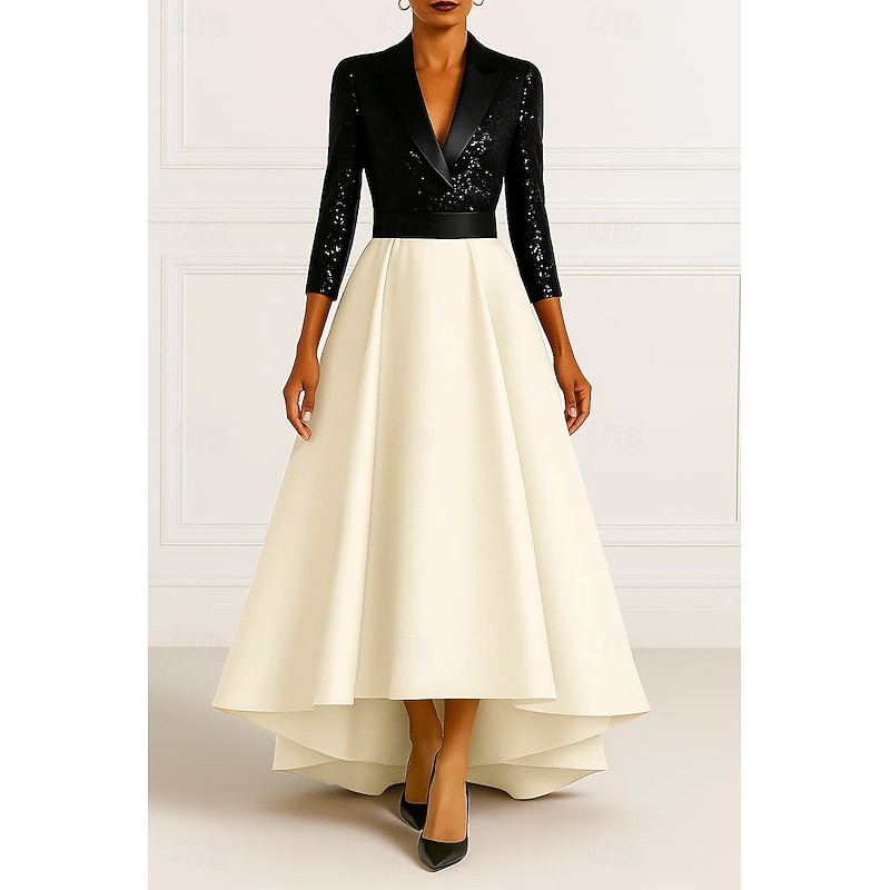 Tuxedo Dress High-low Dress Formal Wedding Wedding Guest Sequin Elegant 3/4 Sleeve Pleated Floor Length Notched Lapels4
