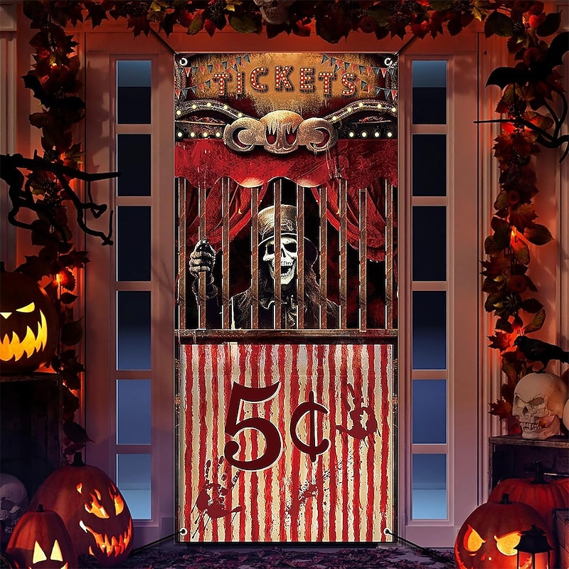 Halloween Door Cover Outdoor Banners Skeleton Circus Psychedelic Dark Punk Gothic Style Party Outdoor Shooting Backgrounds Front Door Wall Porch Home Decor