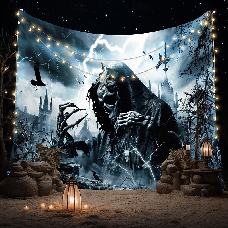 Halloween Grim Reaper Gothic Wall Tapestry – Dark Haunted Castle Lightning Storm Skull Wall Art Backdrop Large Hanging Mural Blanket Curtain for Bedroom Living Room Home Decoration4