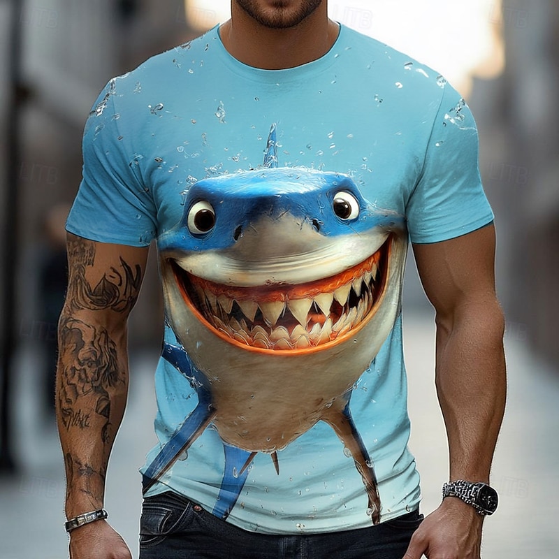 Men's Shark 3D Funny T Shirt Short Sleeve T shirt 3D Print Crew Neck Shirt Exaggerated Designer Party Holiday Blue 3# Blue 2# Blue 1# Summer Spring Clothing Apparel S M L XL XXL XXXL2