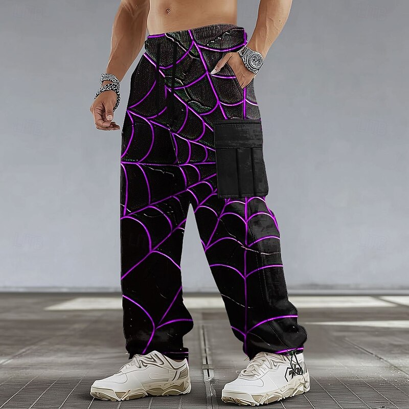 Halloween Men's Spider web Halloween Costumes Cargo Sweatpants Joggers Casual Pants Mid Waist Dark Gothic Style Athletic Hiking Workout Elastic Drawstring Waist Open Bottom Tactical Pants with Pockets3