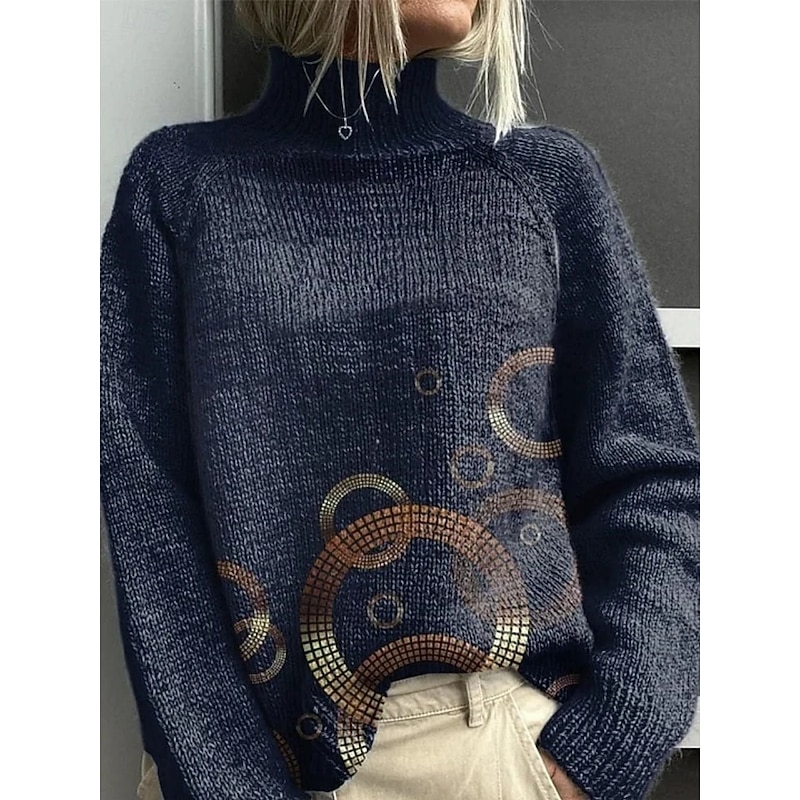 Women's Pullover Vacation Daily Geometric Plaid Color Block Ribbed Turtleneck Print Long Sleeve Regular Tops Knit Outdoor Daily Holiday Navy Blue Blue Fall Winter3