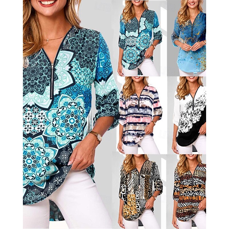 Women's Shirt Blouse Flower Modern Casual Long Sleeve V Neck Regular Tops Daily Holiday Going out Zipper Print White Pink Navy Blue Blue Camel Fall