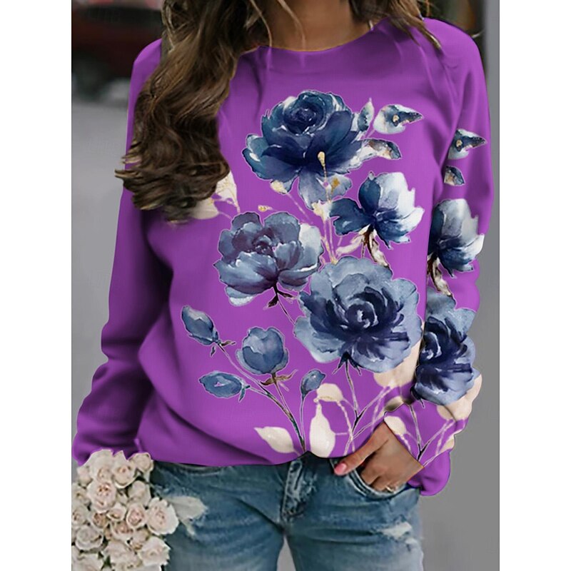 Women's Sweatshirts Floral Graphic Casual Long Sleeve Crew Neck Regular Tops Street Casual Holiday Print White Pink Blue Purple Spring Fall Winter3