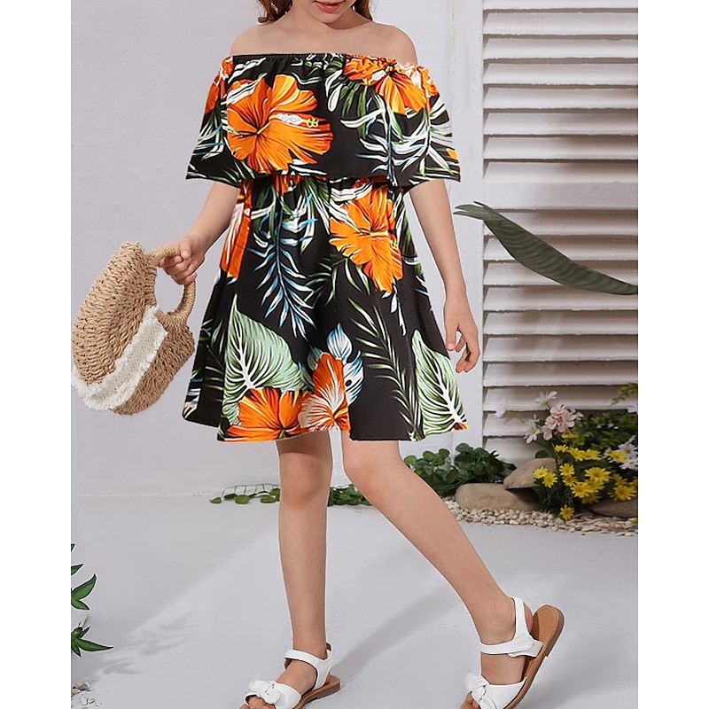 Family Dresses Tops Bottom Floral Street Print Blue Orange Short Sleeve Active Matching Outfits3