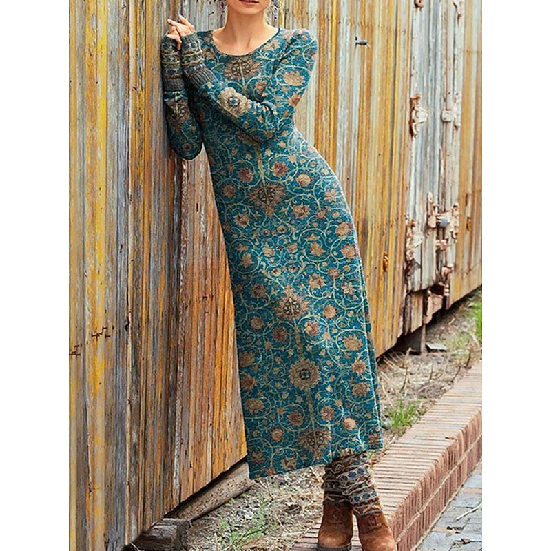 Women's Midi Dress Sheath Dress T Shirt Dress Tee Dress Casual Daily Holiday Regular Fit Graphic Geometric Long Sleeve Crew Neck Red Blue Green Peacock Blue Fall2