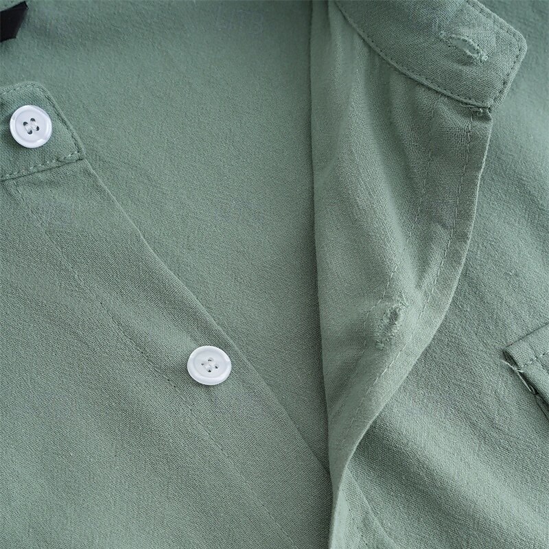 Men's Shirt Linen Shirt Summer Shirt Beach Wear Button Up Shirt Cargo Shirt Solid Color Vacation Holiday White Blue Green Khaki Long Sleeve Lapel Summer Clothing Apparel Pocket3
