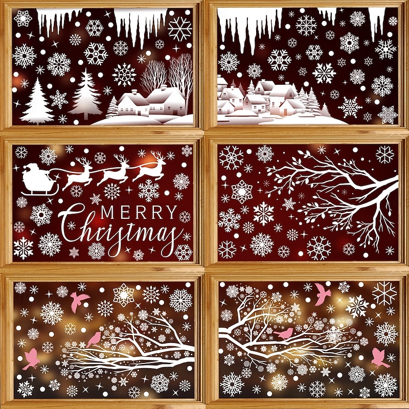 9 Sheets Christmas Window Cling Wall Sticker Decals Decorations, Reindeer, Snowflakes, Hummingbirds & Snow Houses, Merry Christmas, Static Cling, Holiday Home & Store Decor4