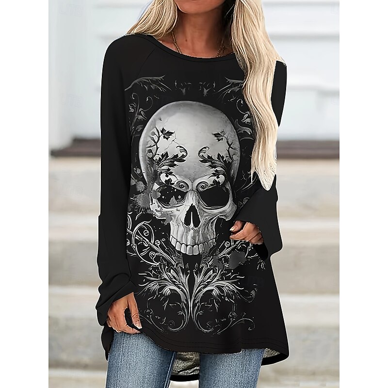 Halloween Women's T Shirt Skulls Graphic Vintage Stylish Casual Long Sleeve Crew Neck Long Tops Daily Print Black Gray Spring Fall2