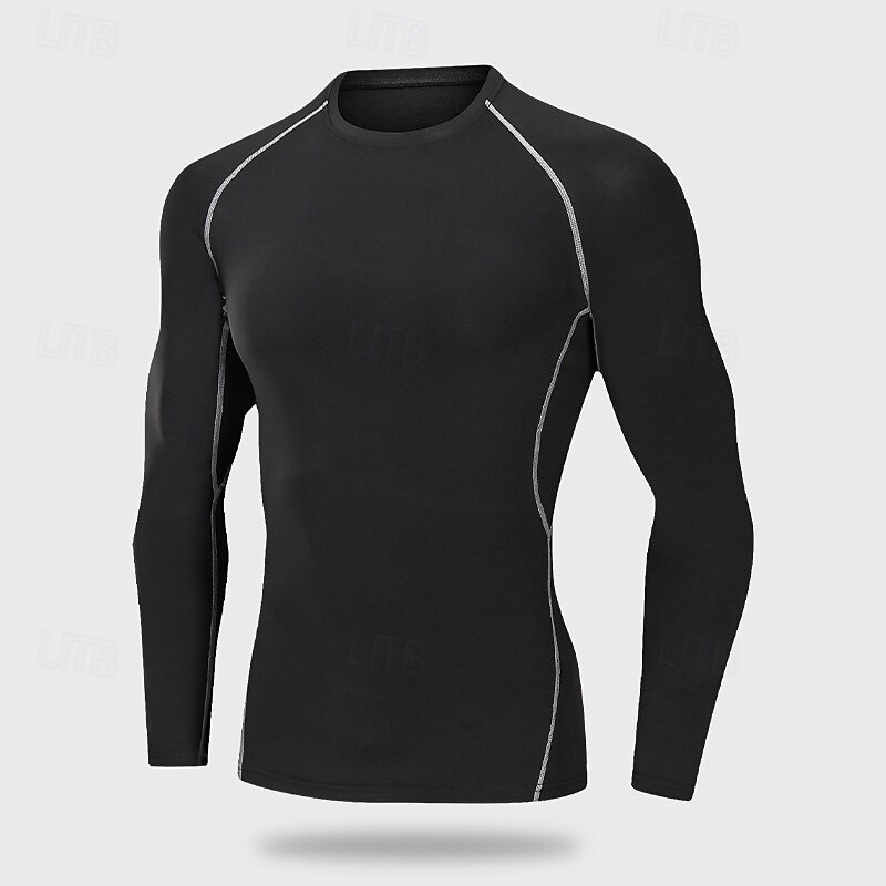 Men's Compression Shirt Workout Tops Long Sleeve Top Athleisure Solid Colored Quick Dry Breathable Basketball Running Yoga Sportswear Activewear black+dark grey Black Rough Black2