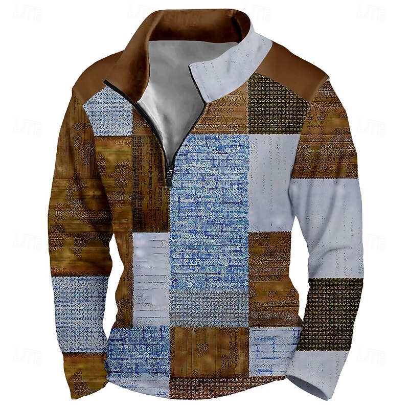 Men's Geometric Plaid Sweatshirt Sports Fashion Long Sleeve Zip Home Party Work Blue Brown Fall All Seasons Designer2