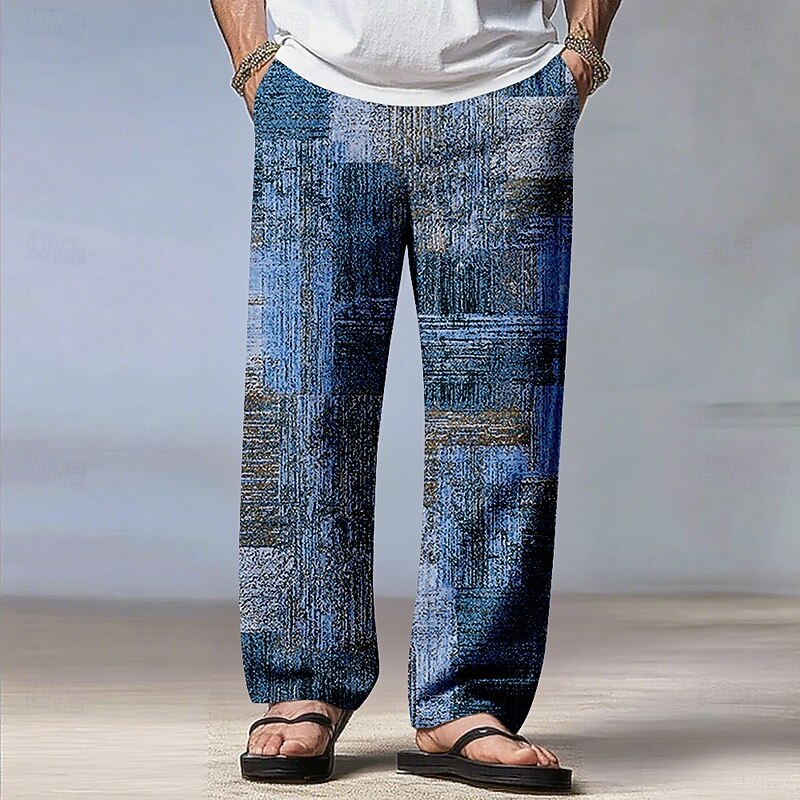 Men's Geometric Color Block Patchwork Pants Trousers Casual Pants Mid Waist Drawstring Elastic Waist Vintage Retro Outdoor Vacation Straight Leg Trousers Spring Fall 3D Print Blue Green2