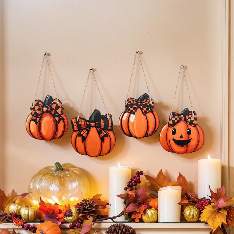 4PCS Wooden Smiling Pumpkin Decorative Hanging Ornaments Suitable for Halloween and Autumn Party Decoration Wall Decoration Door and Window Decoration Applicable Both Indoors and Outdoors3
