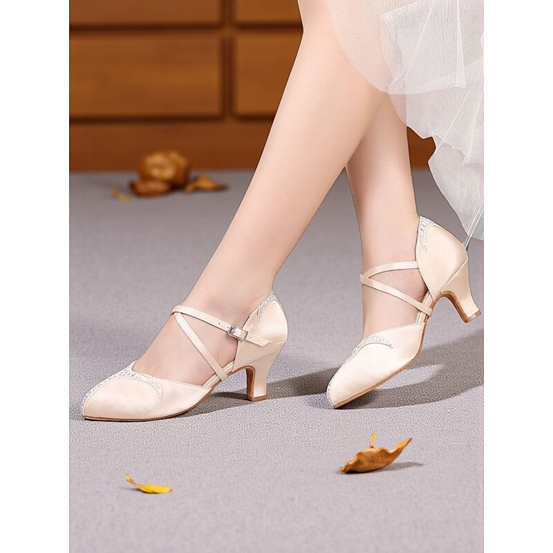 Women's Satin Cross-Strap Ballroom Dance Shoes - 1920s Gatsby Style Rhinestone Heels for Professional Latin and Vintage Party Performances3