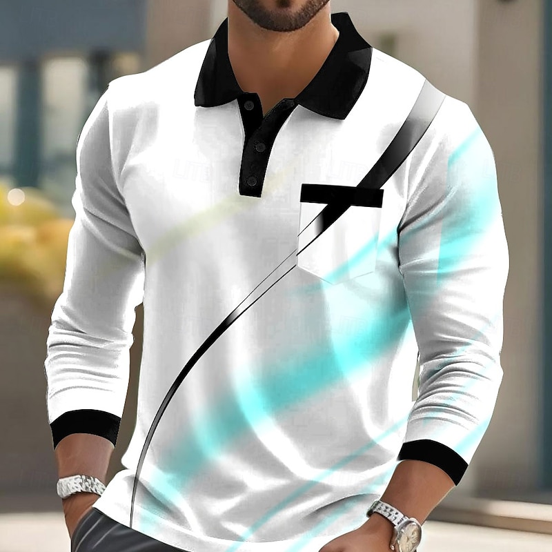 Men's Geometric Line Polo Long Sleeve Polo Shirts Lapel Business Casual Athleisure Daily Wear Pocket 3D Print Buttons Spring Fall Black Red Blue2