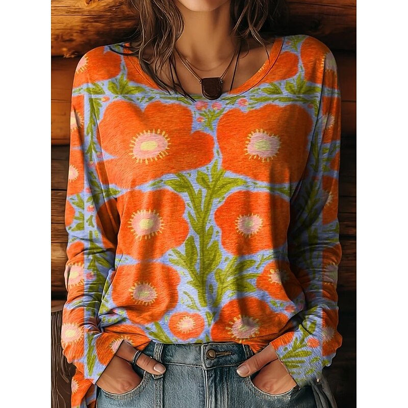 Women's Plus Size T Shirt Floral Graphic Color Gradient Vintage Fashion Stylish Long Sleeve Crew Neck Regular Tops Daily Going out Weekend Print Pink Red Purple Orange Green Spring Fall2