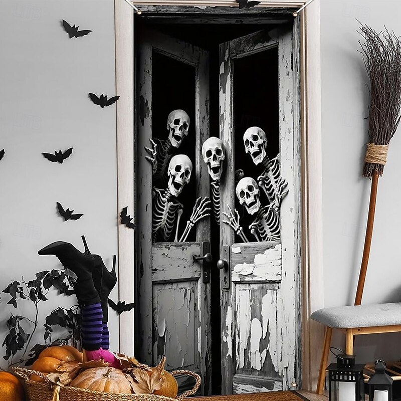 Halloween  Door Covers Creepy Skeletons Behind the Door 2025 Halloween Door Curtain Decoration Backdrop Door Banner for Front Door Farmhouse Holiday Party Indoor Outdoor Decor Supplies3