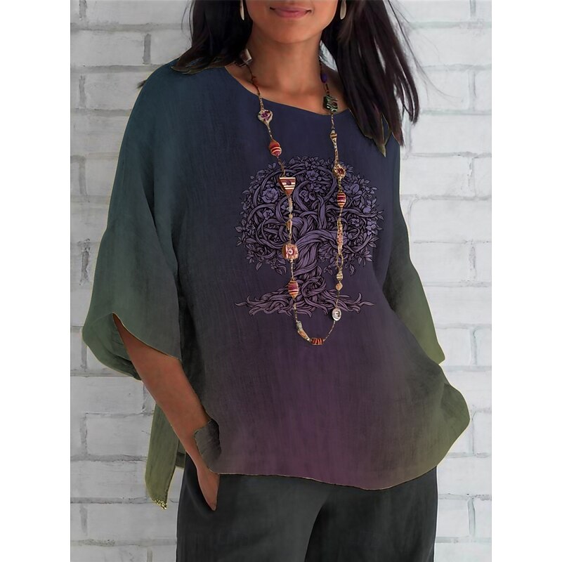Women's Shirt Tree Color Gradient Daily Casual 3/4 Length Sleeve Crew Neck Regular Tops Daily Holiday Print White Purple Green Khaki Summer Spring Fall3