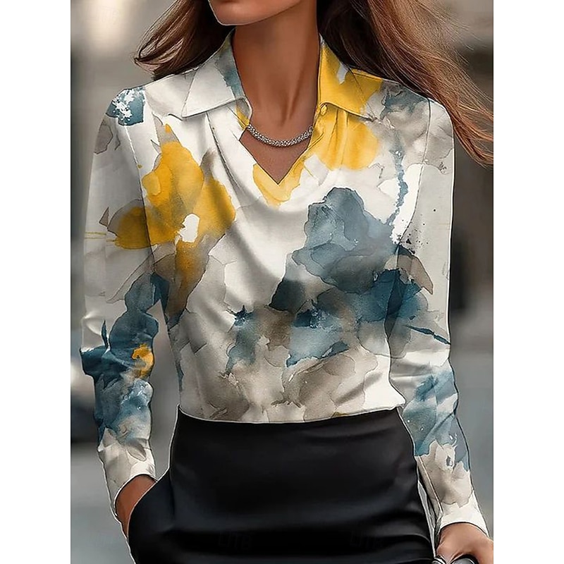 Women's Shirt Floral Graphic Elegant Stylish Casual Long Sleeve Cowl Neck Regular Tops Work Party Evening Wear Daily Ruched Draped Yellow Emerald Green Green Beige Summer Fall