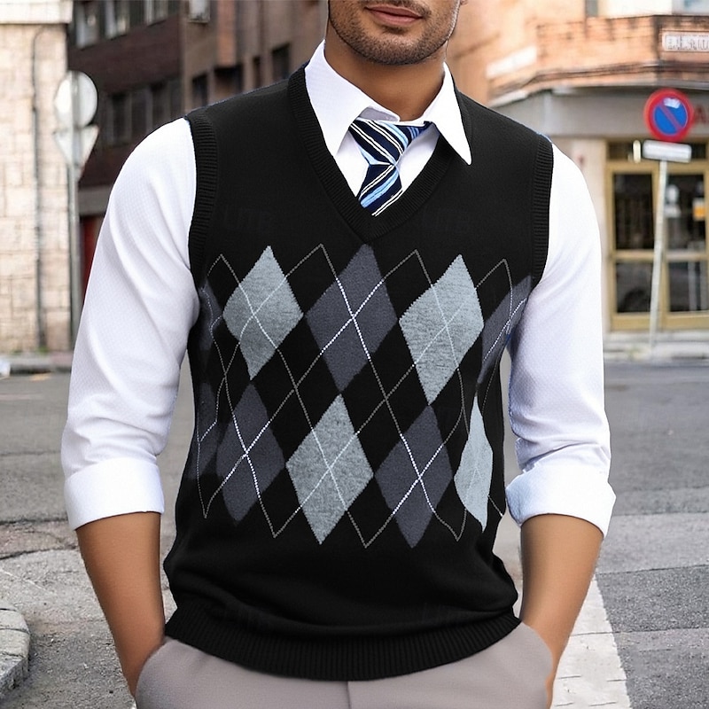 Men's Sweater Vest Dress Sweater Pullover Sweater Jumper Vest Knit Sweater Ribbed Knit Regular Tops Knitted Argyle V Neck Fashion Casual Vacation Daily Wear Clothing Apparel Fall & Winter Black Dark3