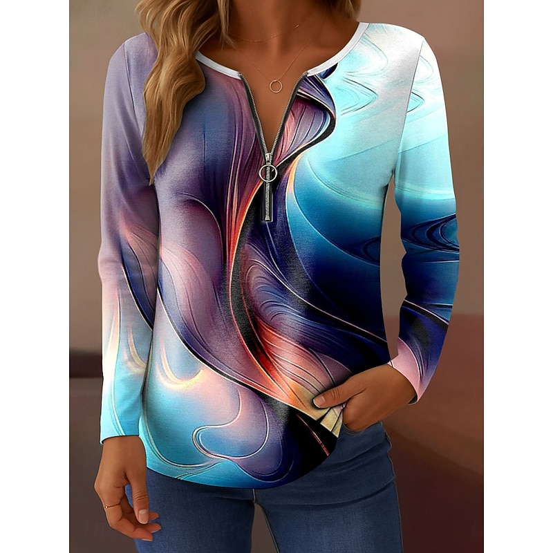 Women's T Shirt Ombre Graphic Abstract Elegant Vintage Stylish Long Sleeve V Neck Regular Tops Daily Weekend Zipper Print Blue Purple Orange Gray Spring Fall