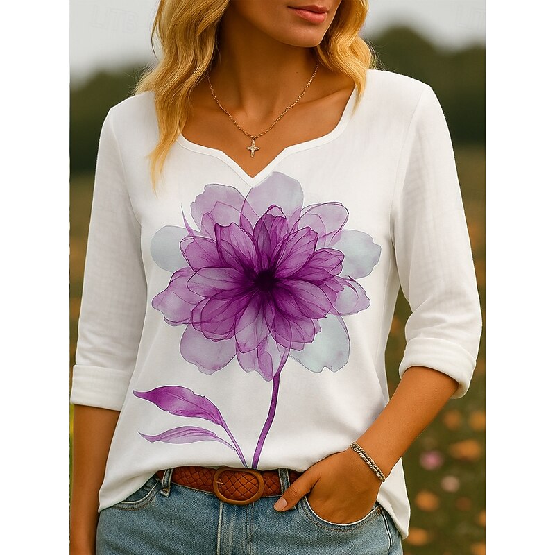 Women's 100% Cotton Shirts Floral Graphic Vintage Tropical Stylish 3/4 Length Sleeve Crew Neck Asymmetrical Square Neck Regular Tops Daily Holiday Red Blue Purple Green Summer Spring4