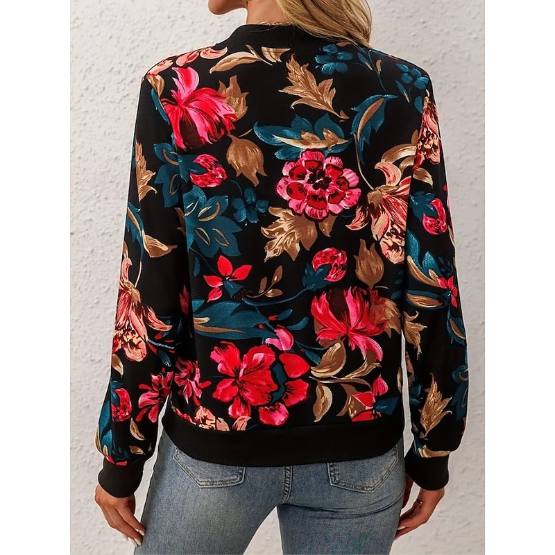 Women's Casual Jacket Warm Quick Dry Zipper Pocket Elegant Fashion Daily Simple Floral Vacation Casual Daily Holiday Short Baseball Collar Regular Fit Long Sleeve Outerwear Black White Red Spring Fall2