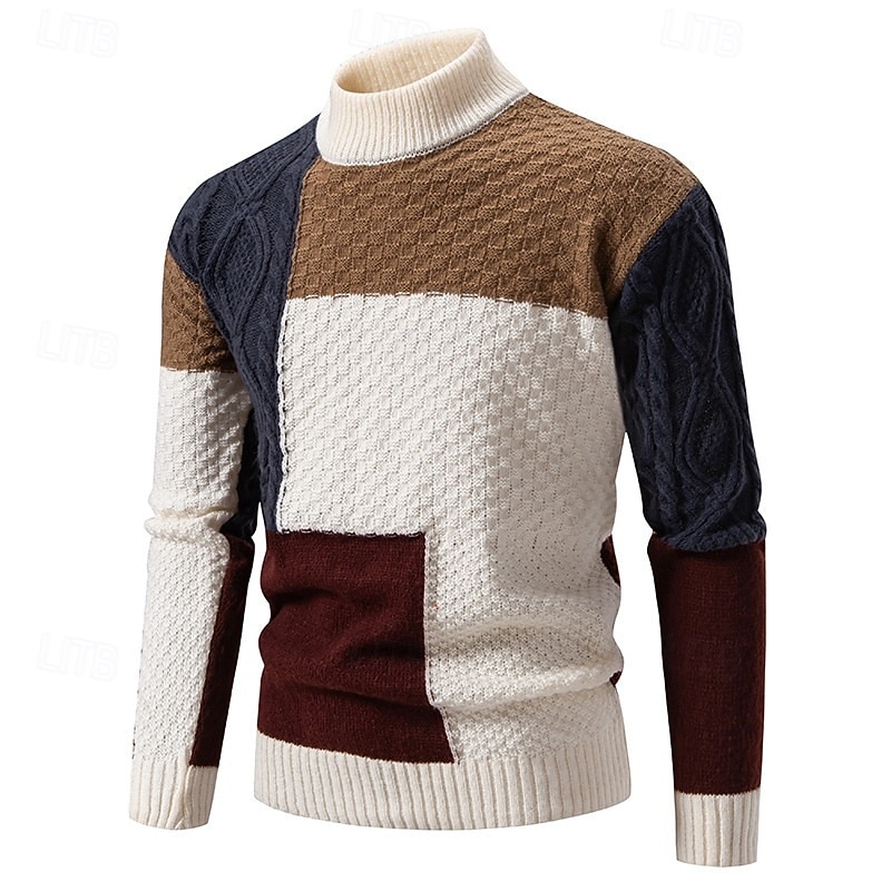 Men's Sweater Pullover Sweater Jumper Ribbed Knit Short Color Block Knitted Plain Turtleneck Knitwear Contemporary Casual Daily Wear Clothing Apparel Fall Winter Black Beige M L XL2